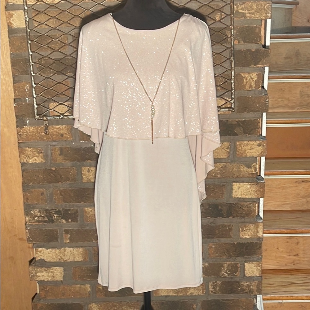 Enfocus Studio Elegant Cream Light Pink Dress Cape Overlay shimmer w/Necklace 8